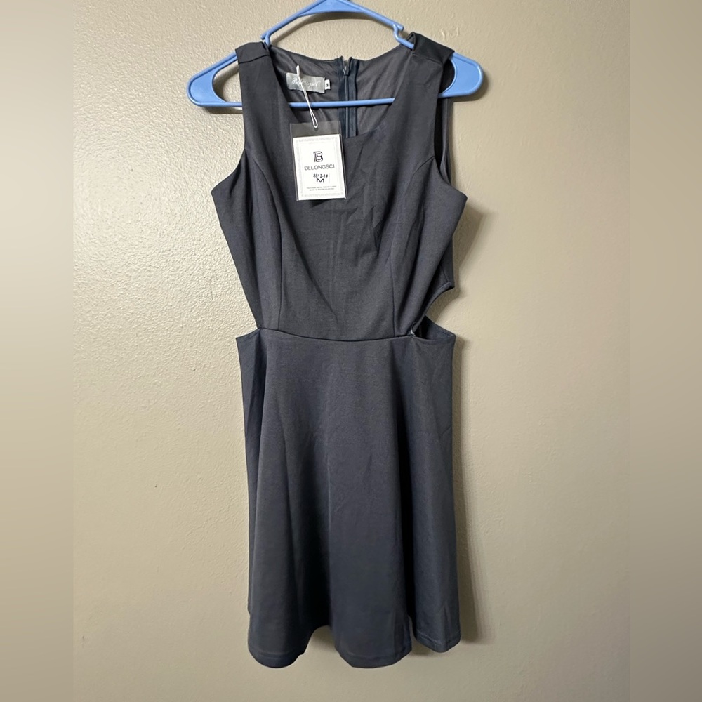 BELONGSCI Grey Women’s‎ M Sleeveless Cutout A Line Swing Skater Party Mini Dress